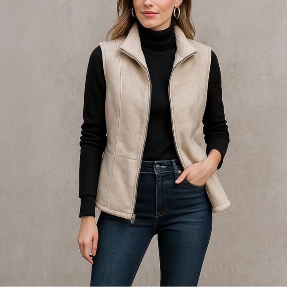 Chico's Sherpa Faux Suede Ecru Vest Zip Front Pockets 2 L/ 12-14 - Picture 1 of 8